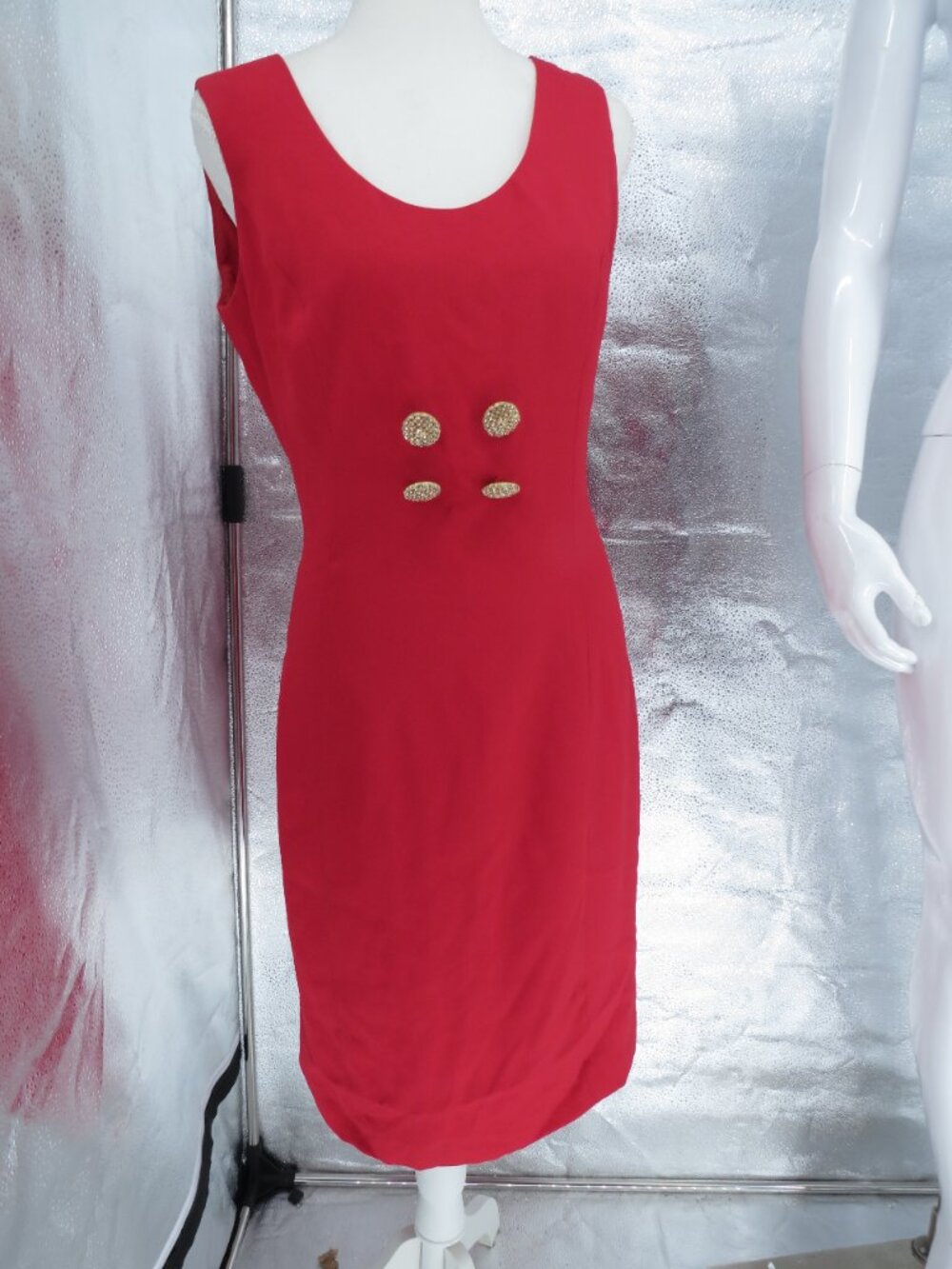 Vintage Rimini Red Dress Size 6 Rhinestone Button Fitted Sheath Cocktail Party